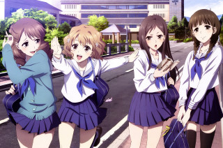 Girls group street buildings trees - a street free wallpaper