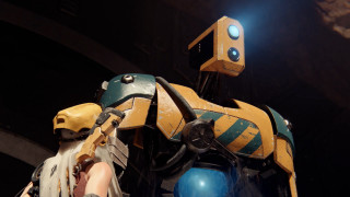 Robot standing building light blue - unreal engine 5 free wallpaper