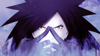 Anime blackhair blueeyes purpleclouds closeup - visual art free wallpaper