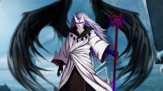 Man sword demonwings building sky - his back free wallpaper