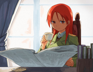 Woman sitting desk coffee newspaper - her hand and a book in her other hand free wallpaper