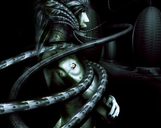 Woman snake neck dark room - biomechanical free wallpaper