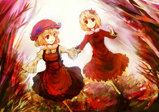 Anime girls red dresses forest - a red hat free wallpaper
