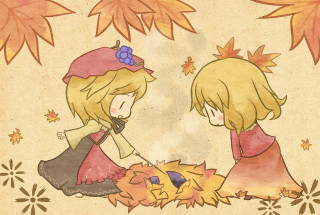 Girls sitting leaves pumpkin cat - a cat free wallpaper