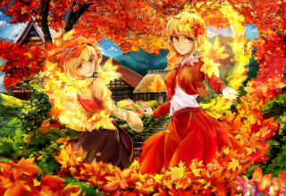 Anime girls field leaves flowers - impressionist free wallpaper