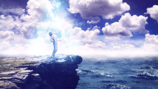 Man cliff sword sky clouds - a matte painting free wallpaper