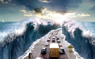 Large wave crashing road cars - the side of the road free wallpaper