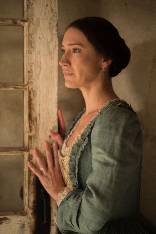 Woman green dress window hands - renaissance free wallpaper