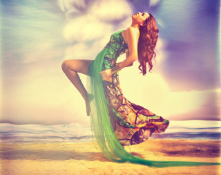 Woman green dress beach legs - an airbrush painting free wallpaper for desktop