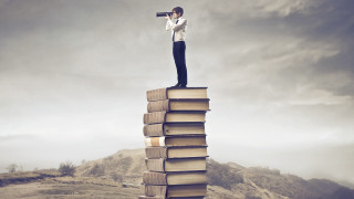 Man standing stack books telescope - book free wallpaper