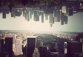 City skyscrapers lake urban landscape - a sky line in the background free wallpaper
