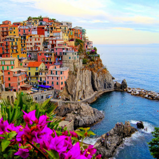 Colorful village cliff ocean purple - beautiful landscape free wallpaper