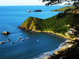 Beach boats hill trees houses - a few house free wallpaper