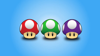 Three colored mushrooms blue background - game art free wallpaper