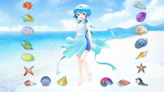 Girl blue dress beach shells - ocean free wallpaper