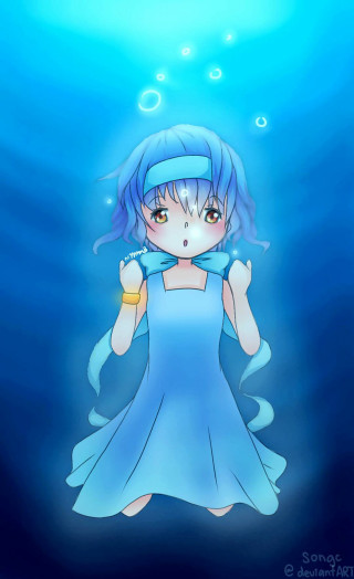 Girl blue dress underwater bubbles - under free wallpaper