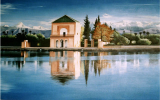 Building lake mountains reflection painting - art noveau free wallpaper