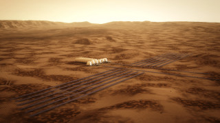 Traintrack desert building mountain sunset - solarpunk free wallpaper