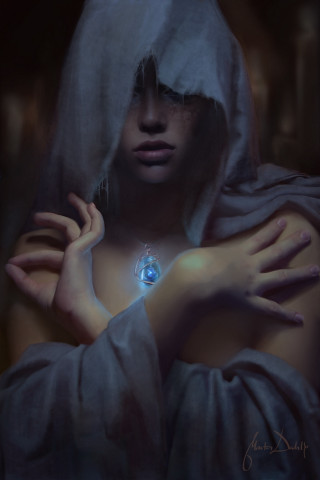 Woman hooded cloak blue crystal - digital painting free wallpaper