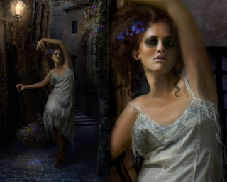 Woman white dress posing dark - a lamp free wallpaper