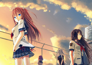 Anime girls fence sky background 2 - a fence free wallpaper