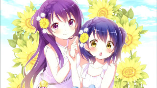 Girls sunflowers sky clouds summer - two girl free wallpaper