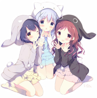 Anime girls cat ears hands - their face free wallpaper