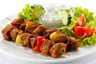 Plate food meat vegetables dip - a plate of food free wallpaper