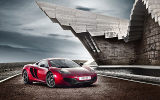 Red sports car waterfall building - a waterfall in the background free wallpaper