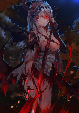 Woman sword demon outfit holding - her hand and a demon free wallpaper