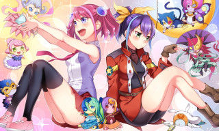 Pink anime girls cat wings - two anime girls sitting next free wallpaper