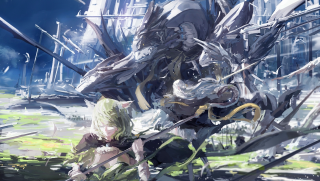 Woman sword dragon field grass - action painting free wallpaper