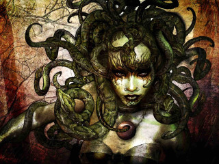 Woman large snake around neck - dark fantasy art free wallpaper