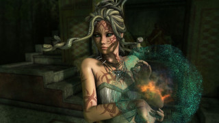 Woman snake fire ball shoulder - her head holding free wallpaper