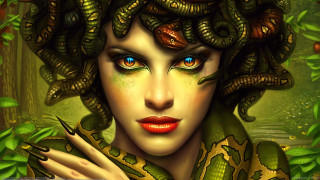 Woman snake shoulder forest gothic - in a forest free wallpaper