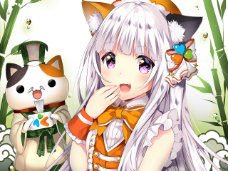 Anime girl white hair cat 2 - her shoulder and a cat free wallpaper