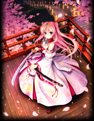 Woman sword cherryblossoms anime portrait - fantasy art free wallpaper