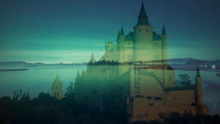 Castle clock tower lake night - a green sky free wallpaper