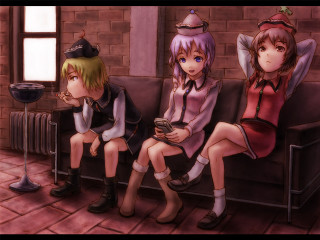 Anime characters couch brick wall - dieselpunk free wallpaper