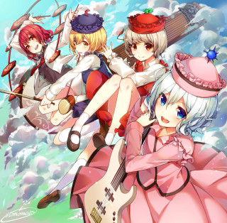 Anime girls clouds guitars hats - guitar free wallpaper