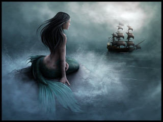 Mermaid rock ship ocean sailboat - a sailboat in the background free wallpaper