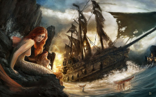 Mermaid rock ship ocean man - bastien lecouffedeharme free wallpaper
