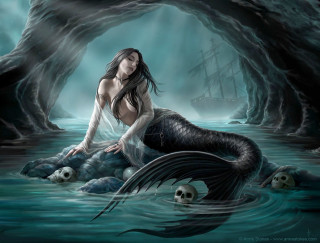Mermaid rock skulls ship water 2 - a skull free wallpaper