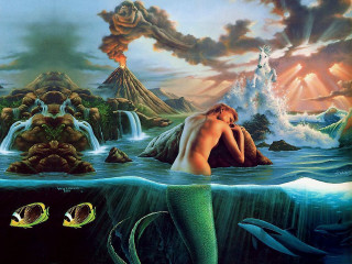 Man woman ocean waterfall volcano - surrealist free wallpaper