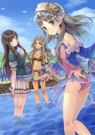 Anime girls water cellphone camera - one holding free wallpaper