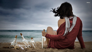 Woman beach wine bottles sand - surreal photography free wallpaper