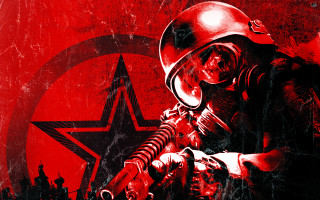 Soldier gun helmet red background - a soldier free wallpaper
