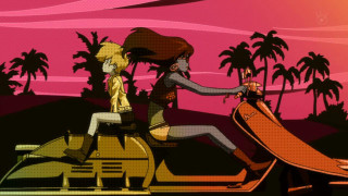 Cartoon woman scooter man palm - bruce timm free wallpaper