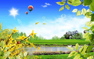 House pond hotairballoon landscape matteart - a house in the background free wallpaper