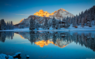 Mountain lake cabin snow trees - the ground and trees free wallpaper